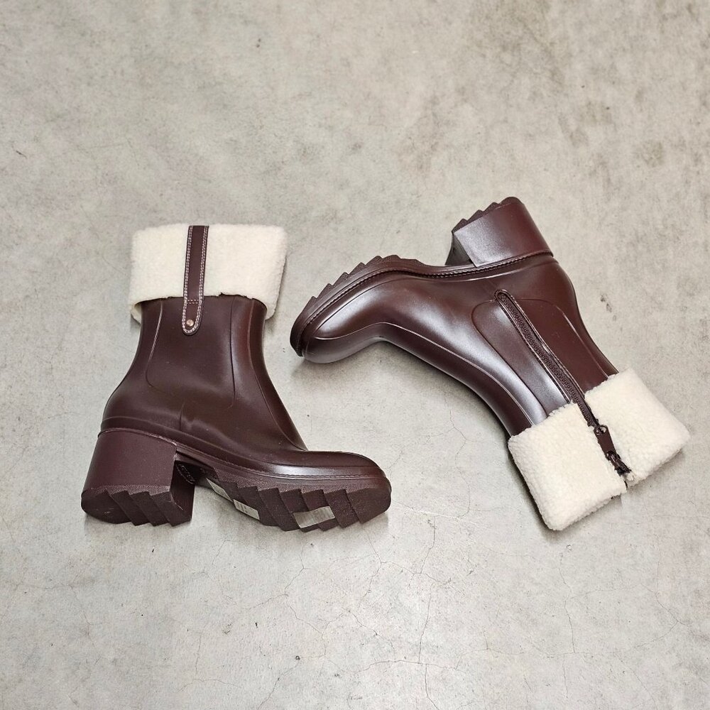 Brown Faux Leather Block Heel Boots With Shearling Cuff & Side Zipper Closure - Picture 4 of 7